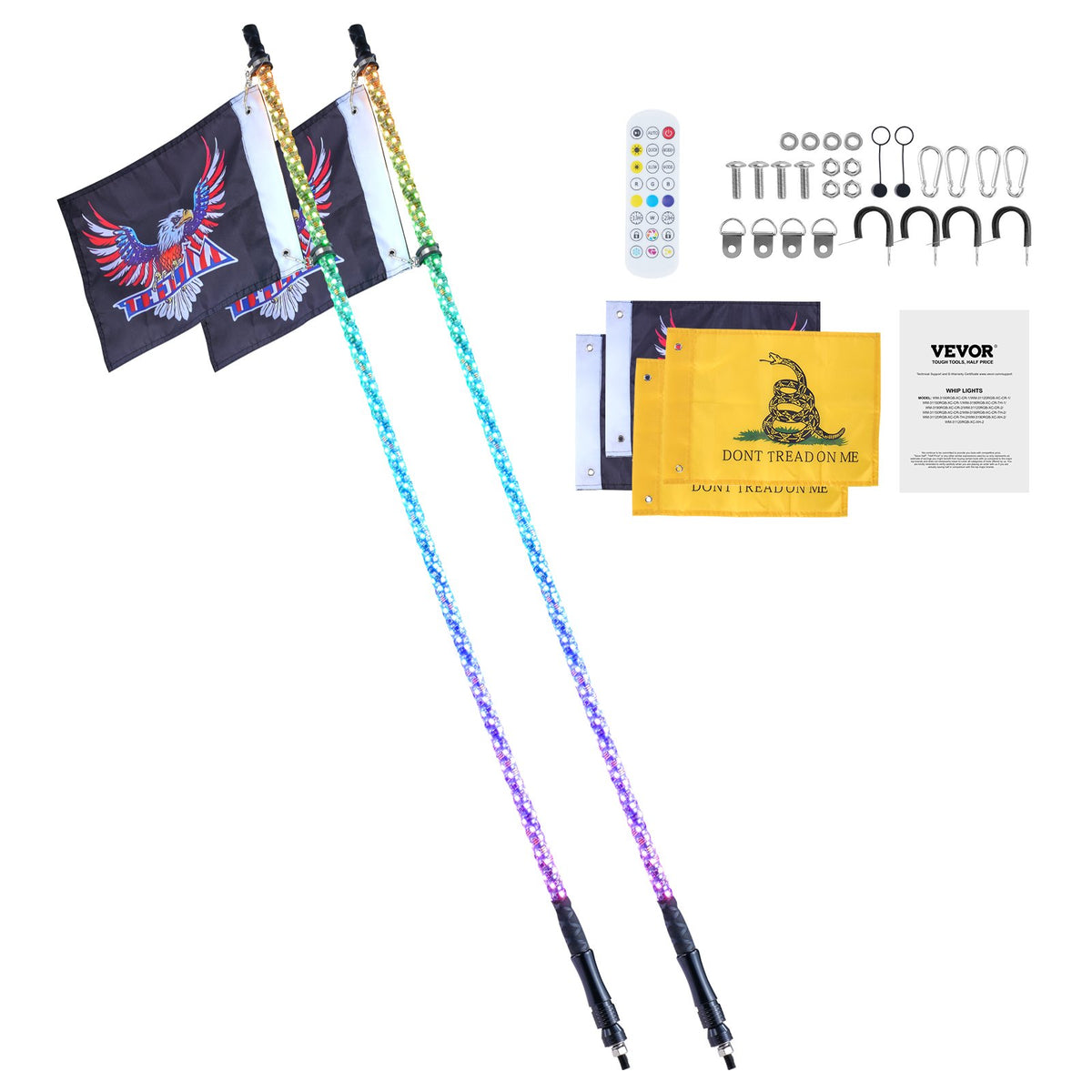 LED Whip Lights 2 Pack 5FT | APP & RF Remote Control | Waterproof RGB Chasing Whips with 4 Flags | For UTV, ATV, Off-Road & Trucks