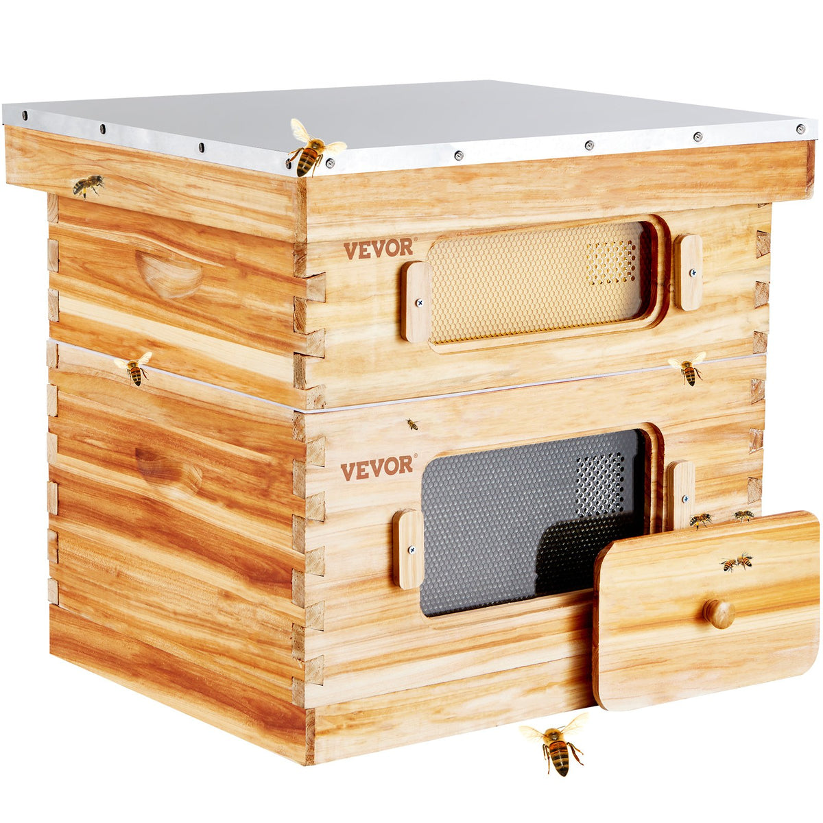 Bee Hive Starter Kit 20 Frame | Beeswax Coated Cedar Wood Langstroth Beehive | 1 Deep + 1 Medium Box with Transparent Windows | For Beginners & Pro Beekeepers