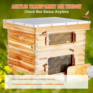 Bee Hive Starter Kit 20 Frame | Beeswax Coated Cedar Wood Langstroth Beehive | 1 Deep + 1 Medium Box with Transparent Windows | For Beginners & Pro Beekeepers