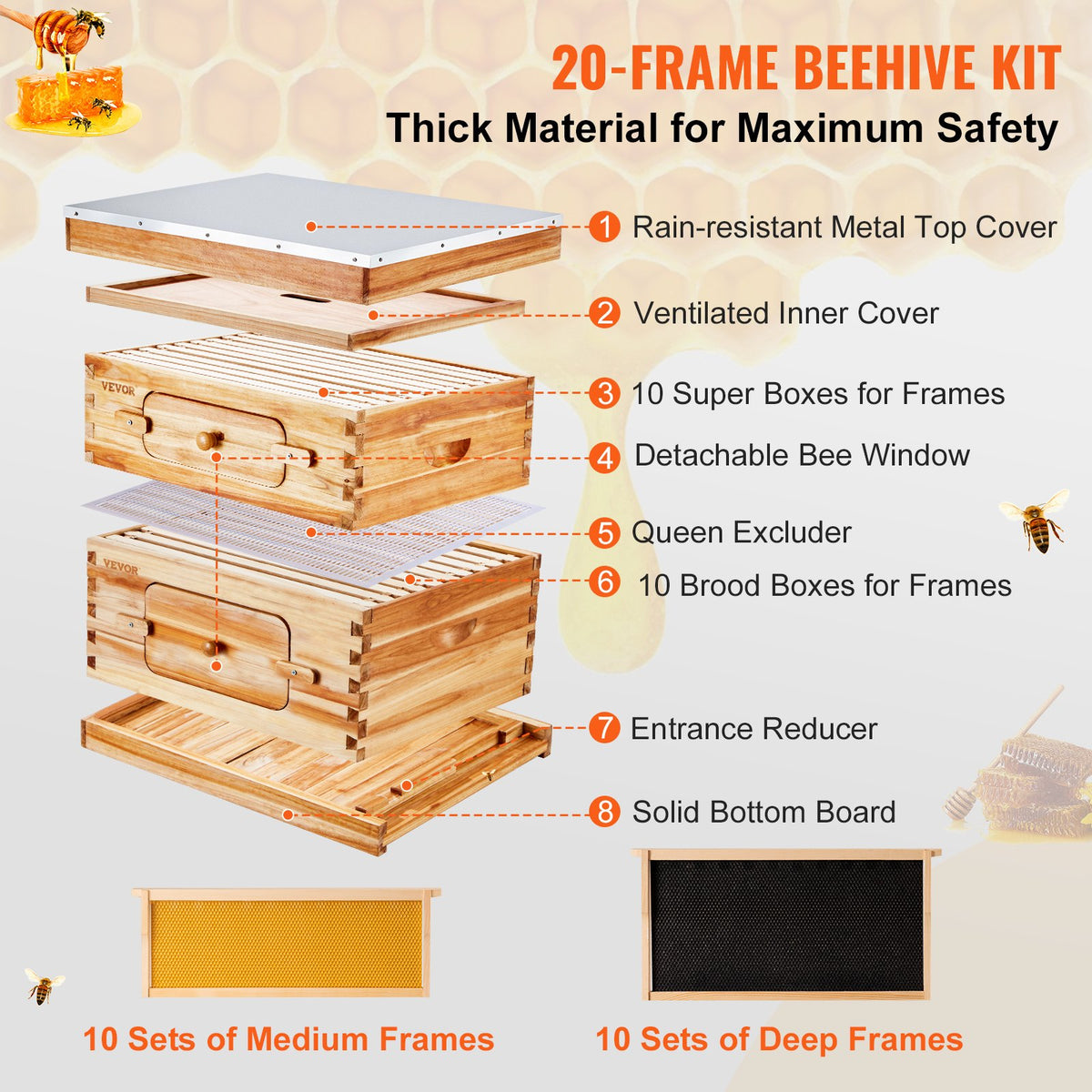 Bee Hive Starter Kit 20 Frame | Beeswax Coated Cedar Wood Langstroth Beehive | 1 Deep + 1 Medium Box with Transparent Windows | For Beginners & Pro Beekeepers