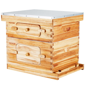 Bee Hive Starter Kit 20 Frame | Beeswax Coated Cedar Wood Langstroth Beehive | 1 Deep + 1 Medium Box with Transparent Windows | For Beginners & Pro Beekeepers