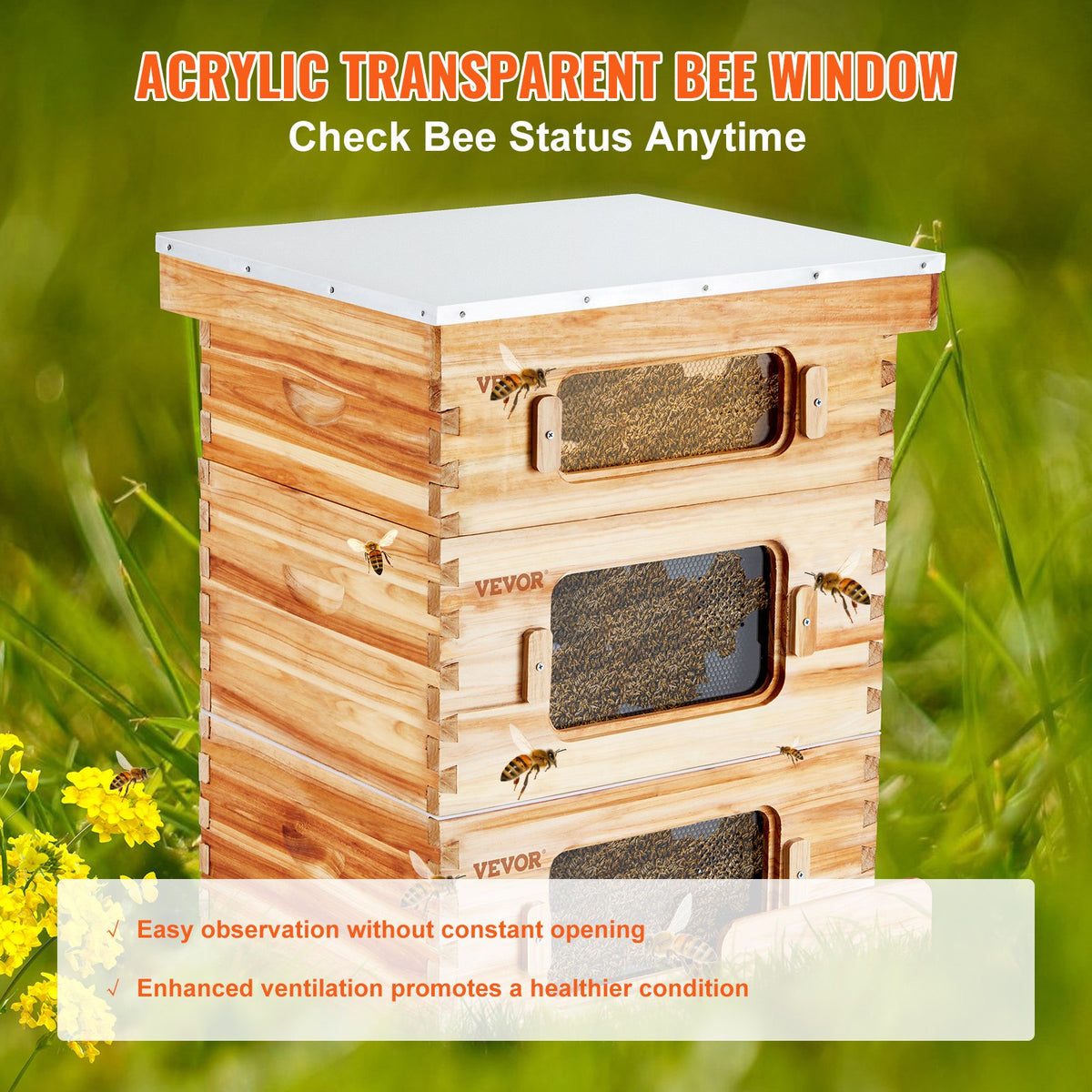 Bee Hive 30 Frame Starter Kit | Beeswax Coated Fir Wood Langstroth Beehive | 2 Deep + 1 Medium Boxes with Windows