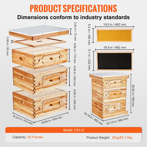 Bee Hive 30 Frame Starter Kit | Beeswax Coated Fir Wood Langstroth Beehive | 2 Deep + 1 Medium Boxes with Windows