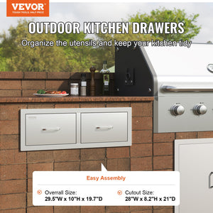 Outdoor Kitchen Drawers 30"x10"x20" | Stainless Steel Double BBQ Access Drawers with Handle | For Outdoor Kitchens & BBQ Islands