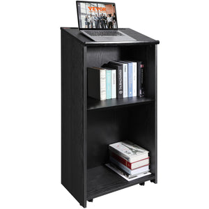 Podium Stand | 47" Hostess Lectern with Wheels & Storage Shelves | Black Wood Reception Desk