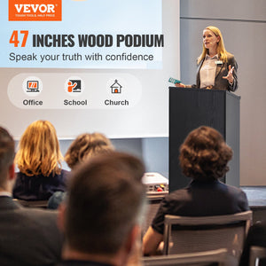 Podium Stand | 47" Hostess Lectern with Wheels & Storage Shelves | Black Wood Reception Desk