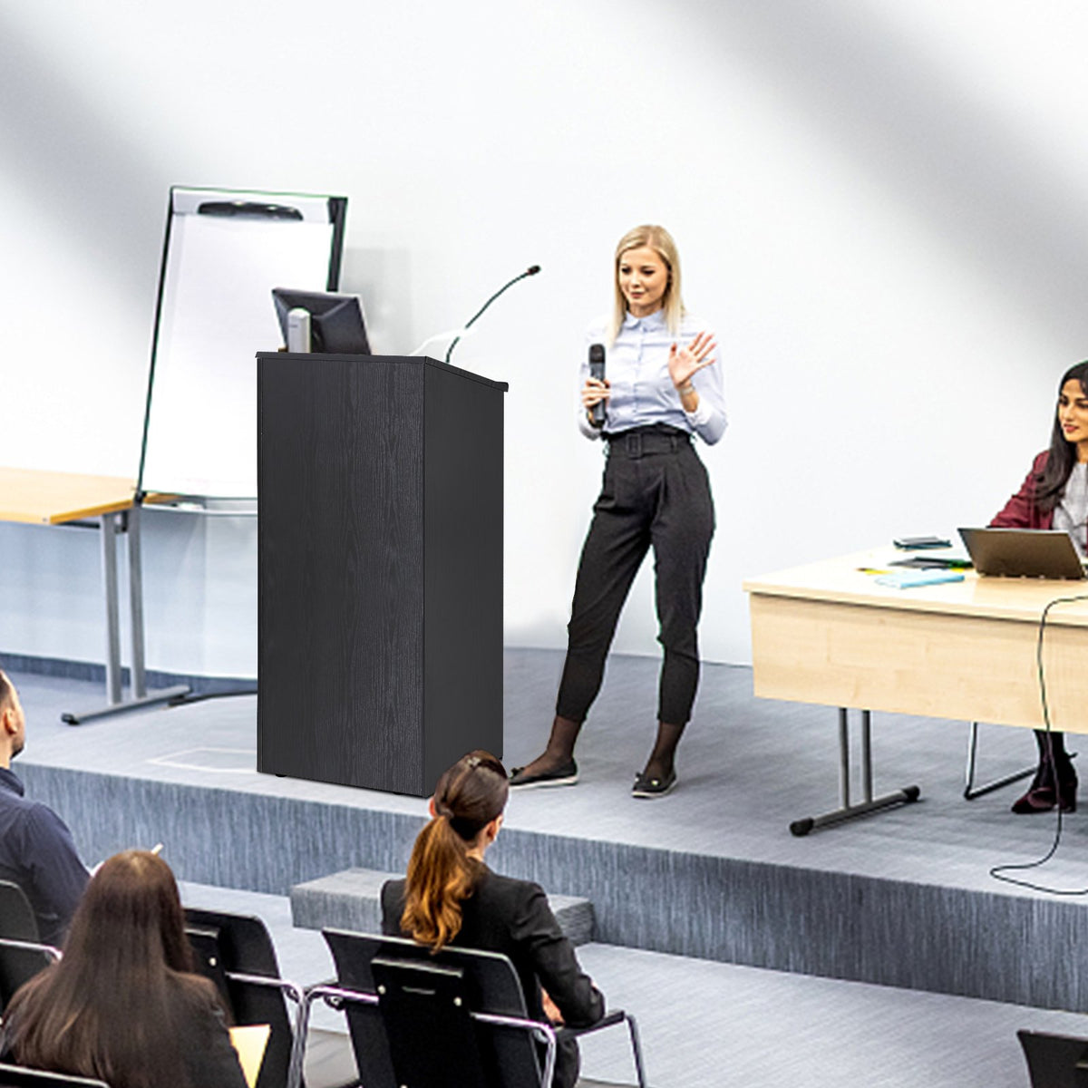 Podium Stand | 47" Hostess Lectern with Wheels & Storage Shelves | Black Wood Reception Desk