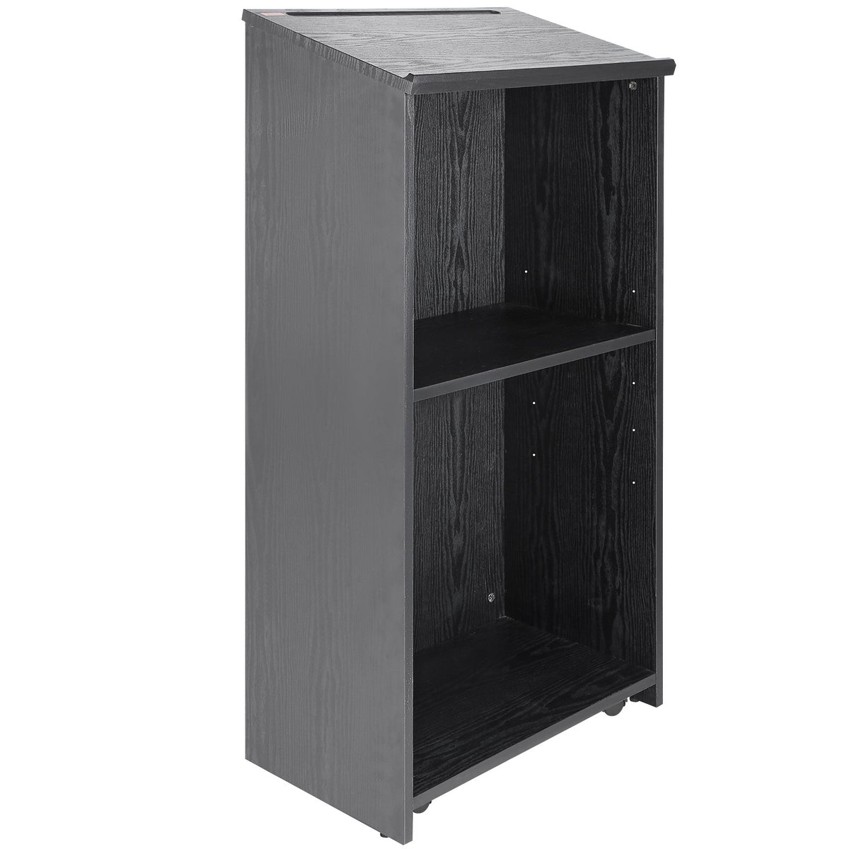 Podium Stand | 47" Hostess Lectern with Wheels & Storage Shelves | Black Wood Reception Desk