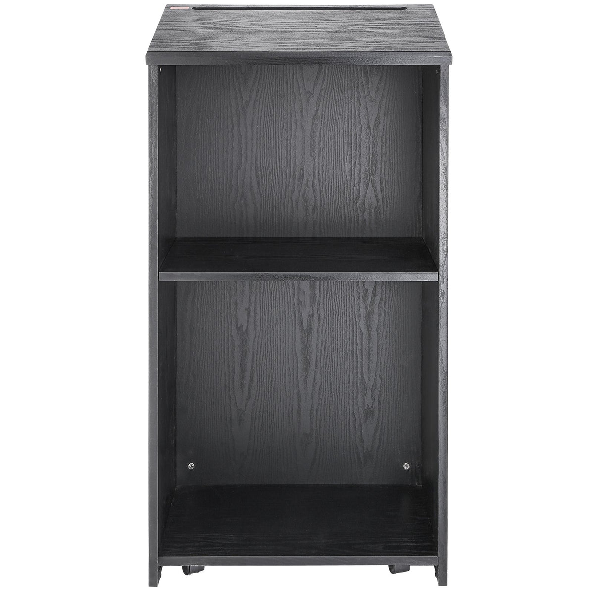 Podium Stand | 47" Hostess Lectern with Wheels & Storage Shelves | Black Wood Reception Desk