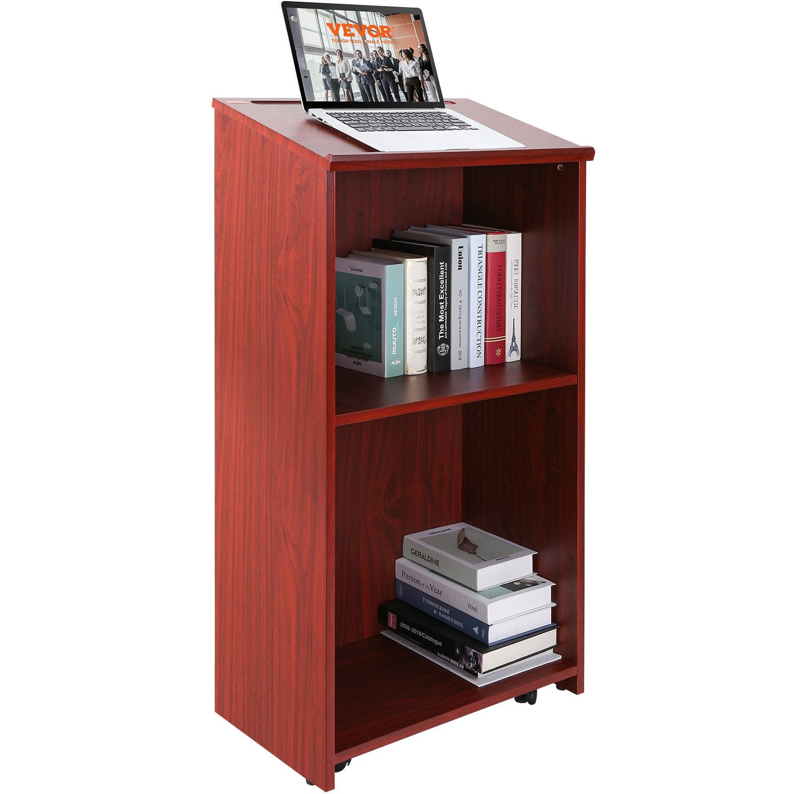 Podium Stand | 47" Rolling Hostess Stand | Brown Wood with Storage Shelves & Slanted Top