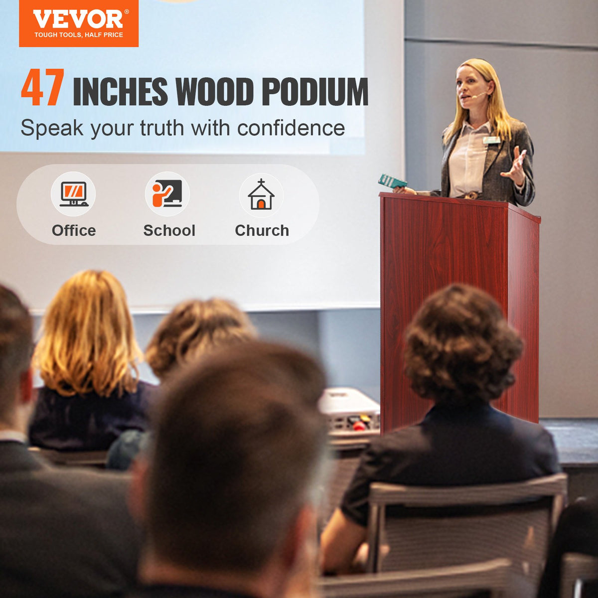Podium Stand | 47" Rolling Hostess Stand | Brown Wood with Storage Shelves & Slanted Top