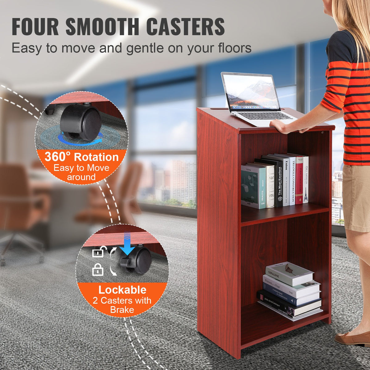 Podium Stand | 47" Rolling Hostess Stand | Brown Wood with Storage Shelves & Slanted Top