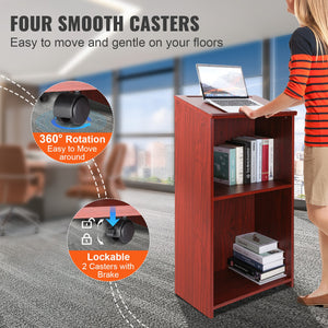 Podium Stand | 47" Rolling Hostess Stand | Brown Wood with Storage Shelves & Slanted Top