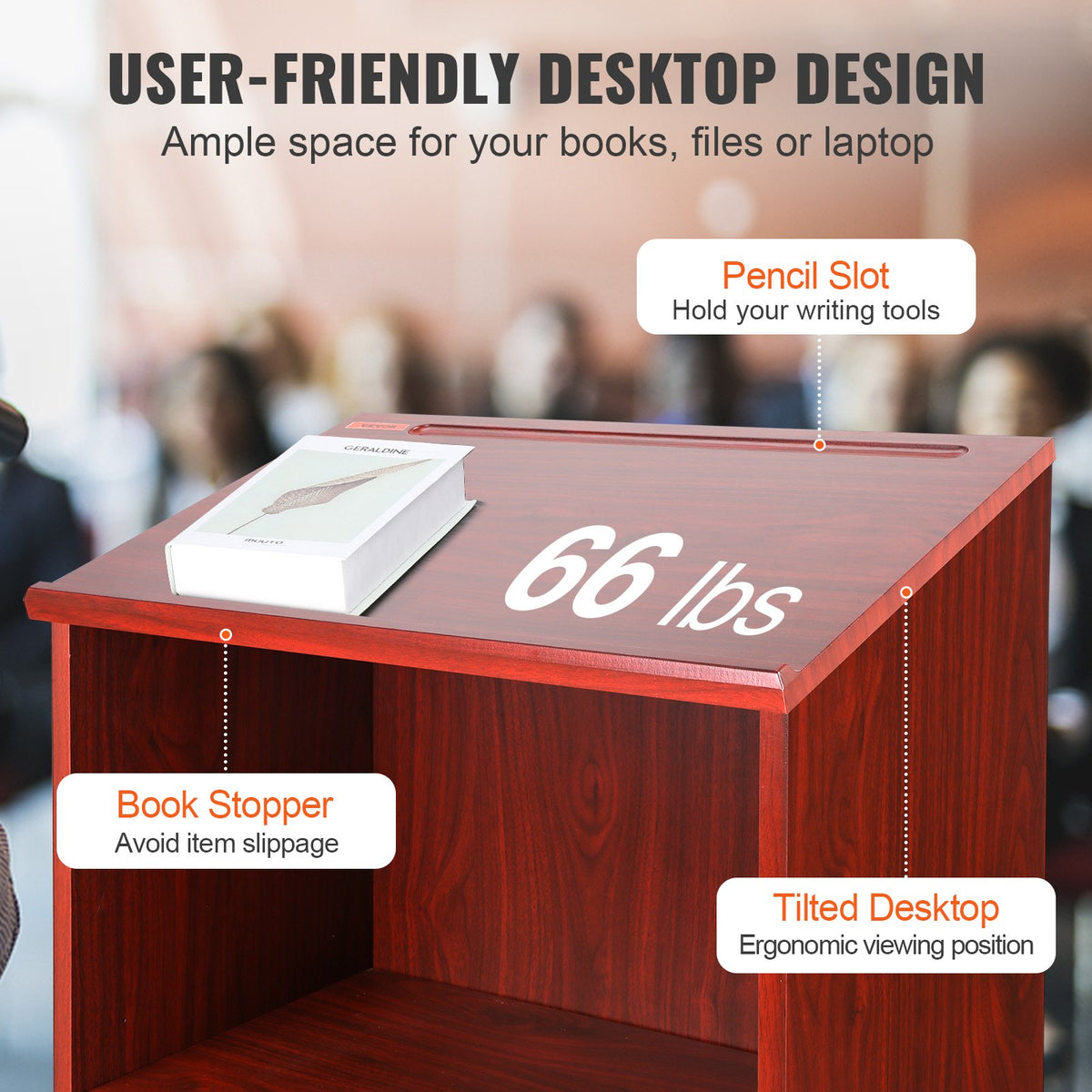 Podium Stand | 47" Rolling Hostess Stand | Brown Wood with Storage Shelves & Slanted Top