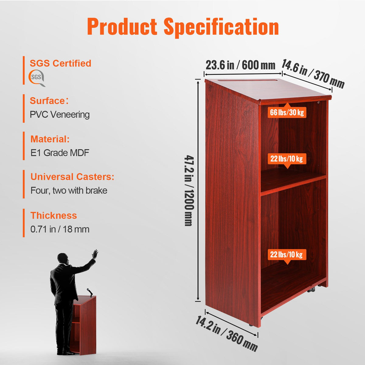 Podium Stand | 47" Rolling Hostess Stand | Brown Wood with Storage Shelves & Slanted Top