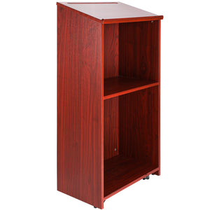 Podium Stand | 47" Rolling Hostess Stand | Brown Wood with Storage Shelves & Slanted Top