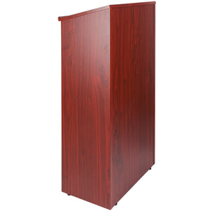 Podium Stand | 47" Rolling Hostess Stand | Brown Wood with Storage Shelves & Slanted Top