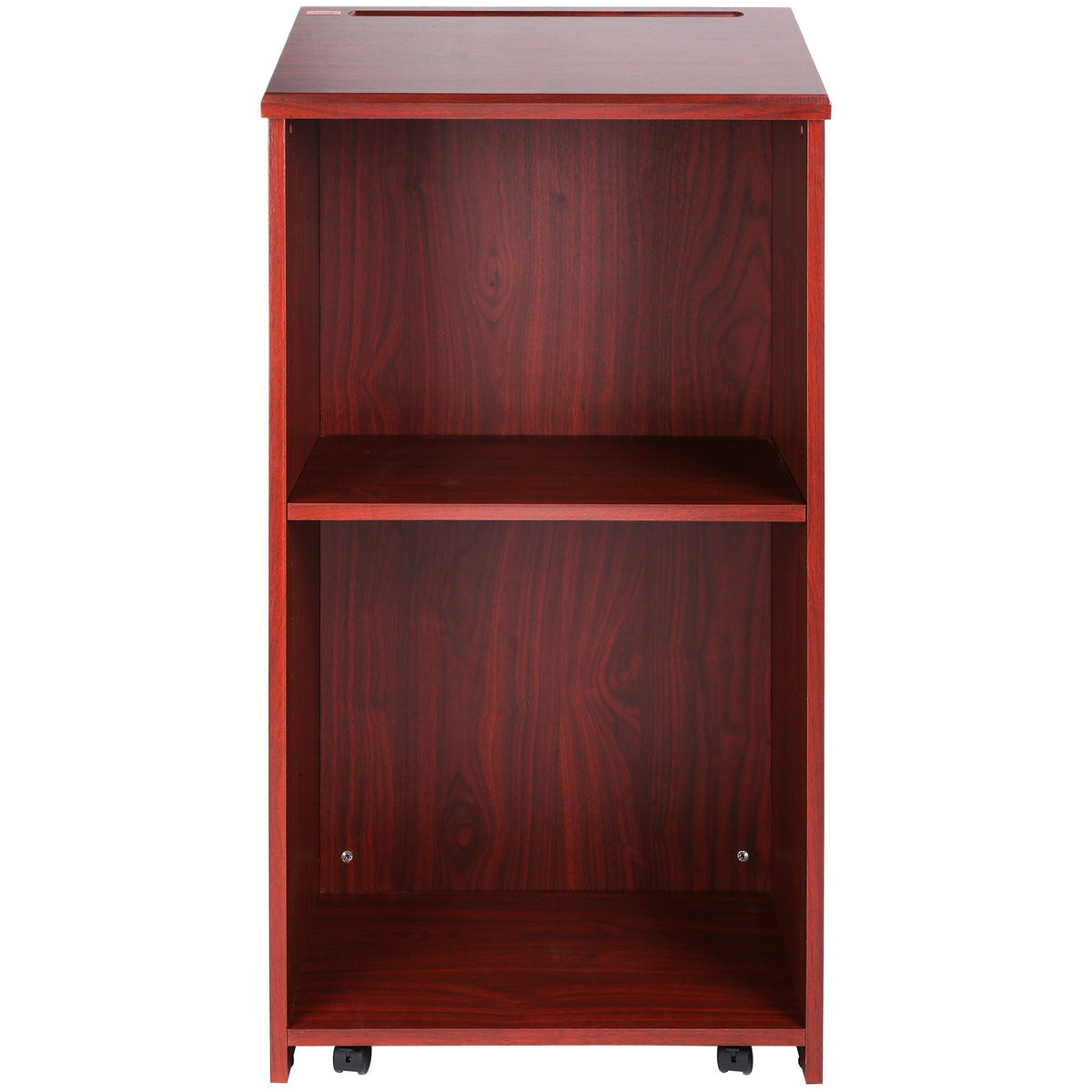 Podium Stand | 47" Rolling Hostess Stand | Brown Wood with Storage Shelves & Slanted Top