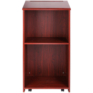 Podium Stand | 47" Rolling Hostess Stand | Brown Wood with Storage Shelves & Slanted Top