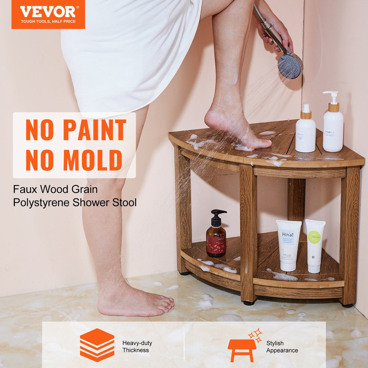 Corner Shower Bench 18.5 Inch Height | Faux Wood Grain Polystyrene | 159kg Capacity with Storage Shelf | Water Resistant for Bathroom, Living Room & Outdoor