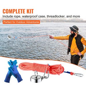 Magnet Fishing Kit | 1200lb Double-Sided Magnet with Rope, Hook & Gloves | Waterproof Case Included