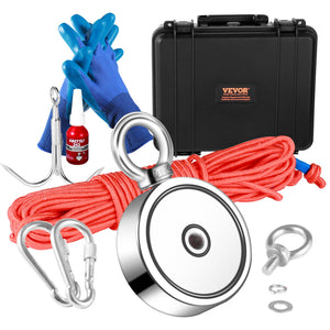 Magnet Fishing Kit | 1200lb Double-Sided Magnet with Rope, Hook & Gloves | Waterproof Case Included