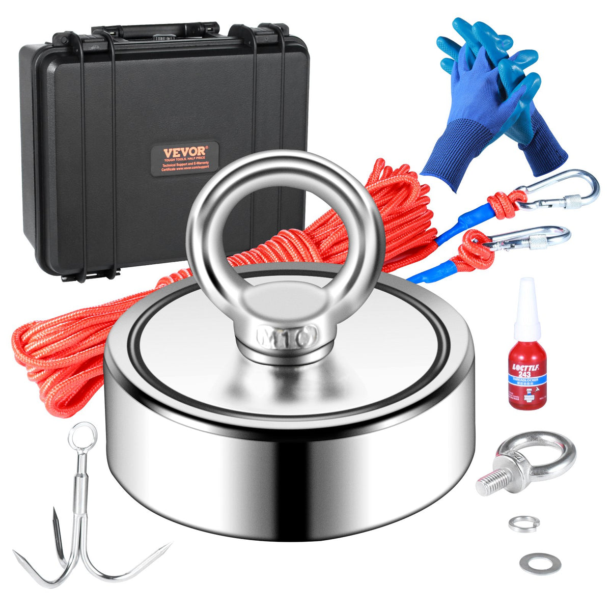 Magnet Fishing Kit | 1200lb Double-Sided Magnet with Rope, Hook & Gloves | Waterproof Case Included