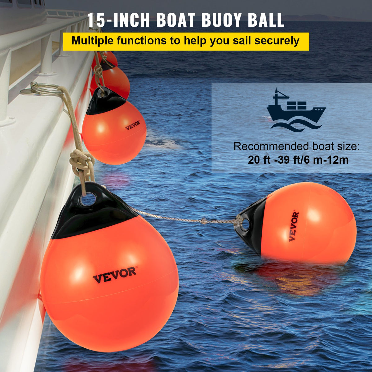 Marine Buoy Balls | 15" Inflatable PVC Mooring Markers | Heavy Duty Orange Boat Floats