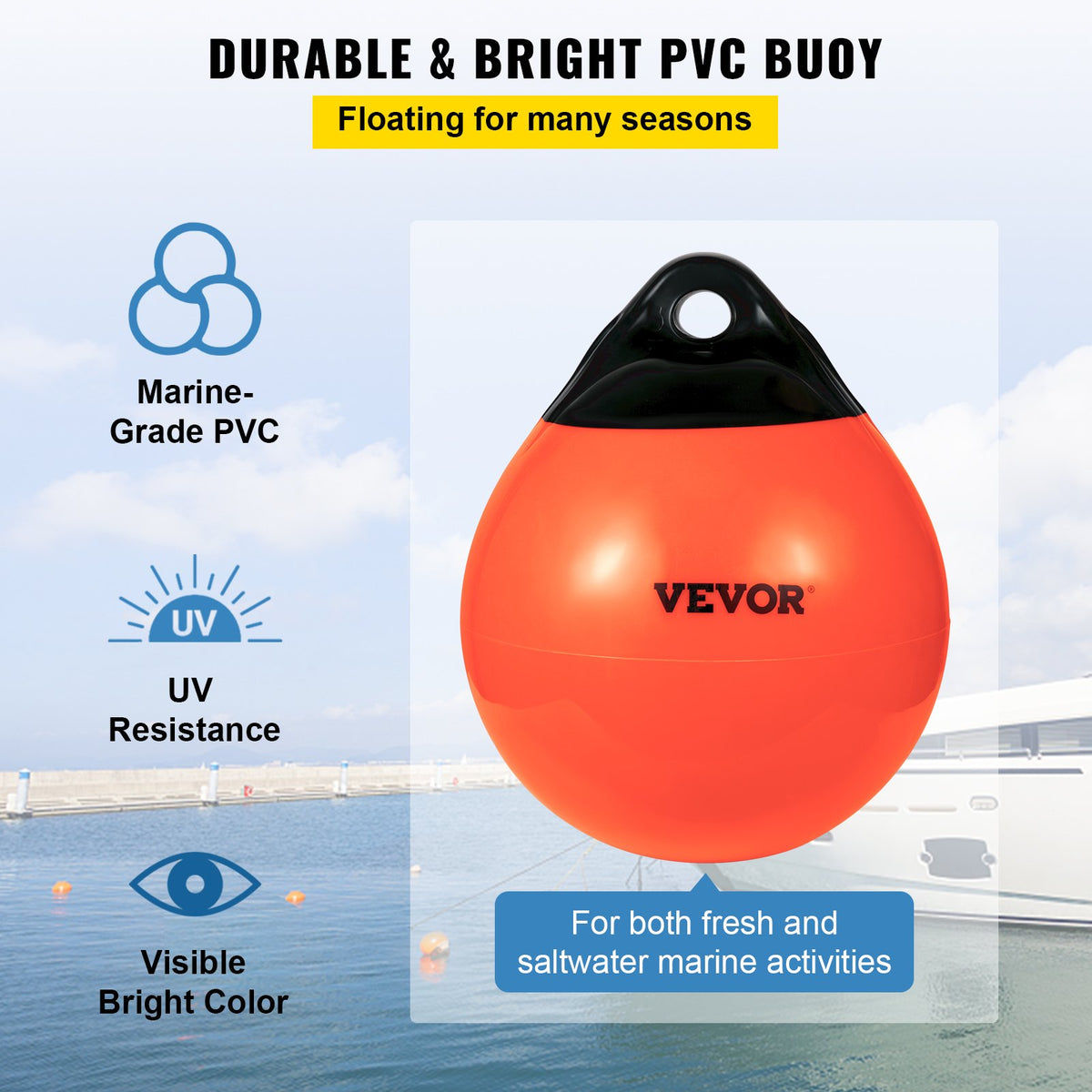 Marine Buoy Balls | 15" Inflatable PVC Mooring Markers | Heavy Duty Orange Boat Floats