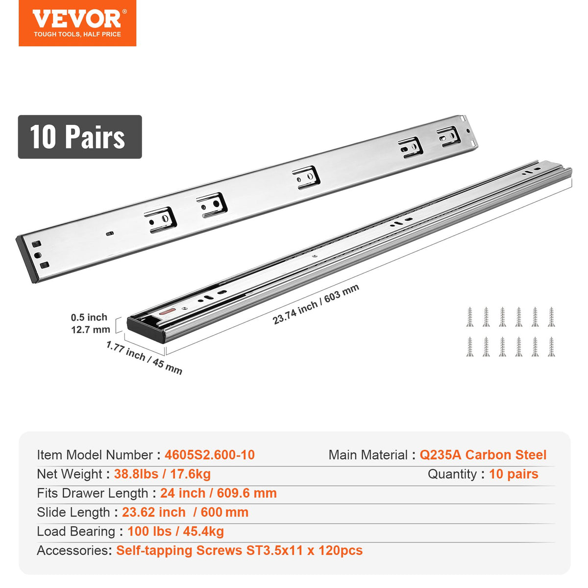 Drawer Slides 10 Pairs | 609.6mm Side Mount | Heavy Duty Full Extension Steel Tracks | Soft Close Ball Bearing Rails 45kg Capacity