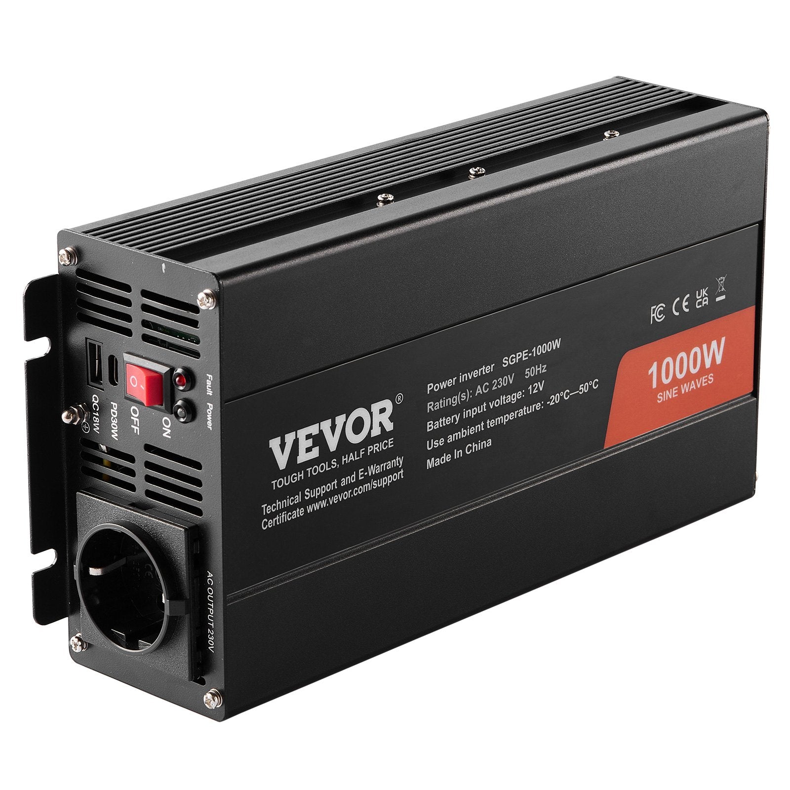 Pure Sine Wave Inverter 1000W | DC 12V to AC 230V | 2 AC, 2 USB, Type-C, Remote Control | CE/FCC Certified