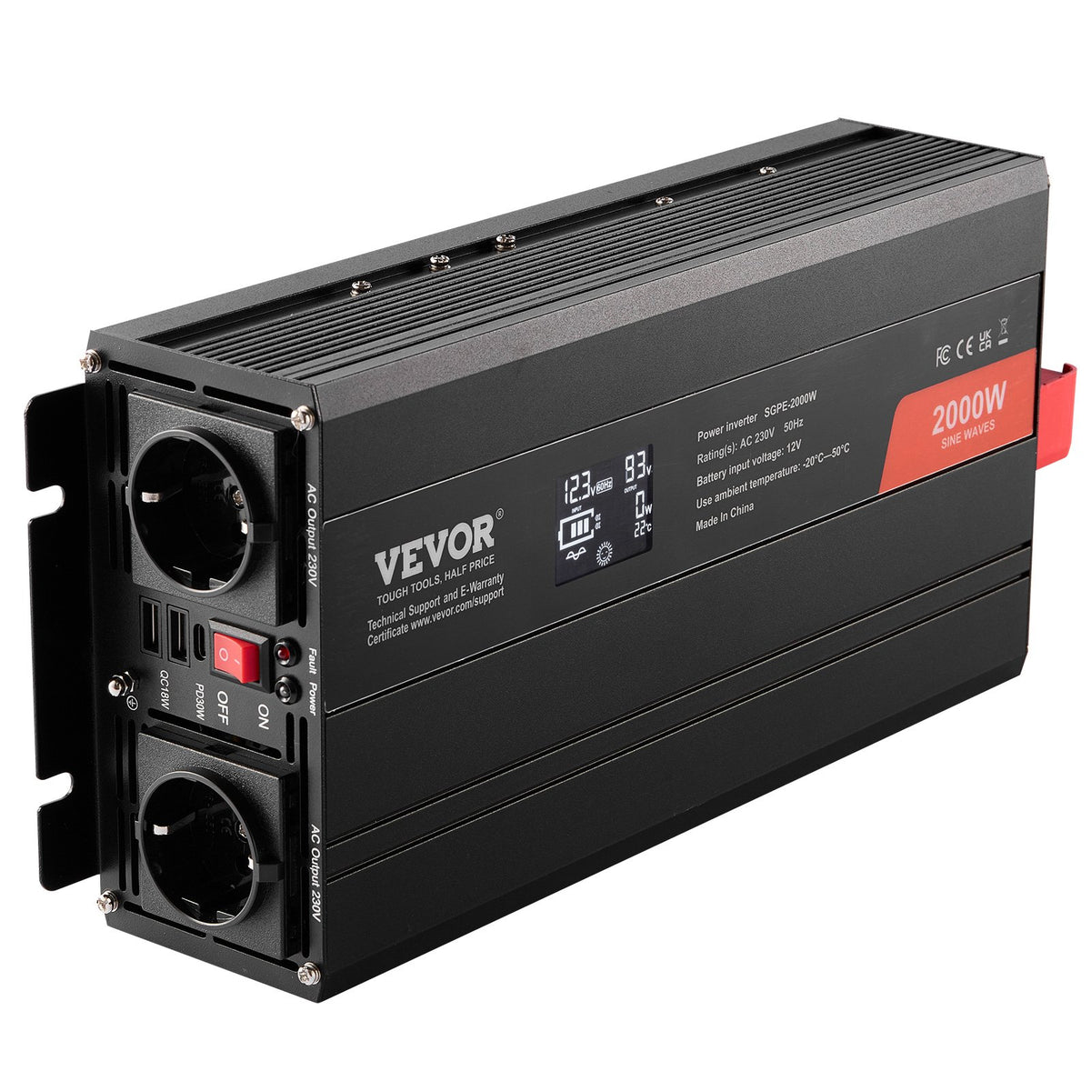 Pure Sine Wave Inverter 2000W | Power Inverter with 2 AC Outlets, 2 USB & 1 Type-C | LCD Display & Remote | CE FCC Certified