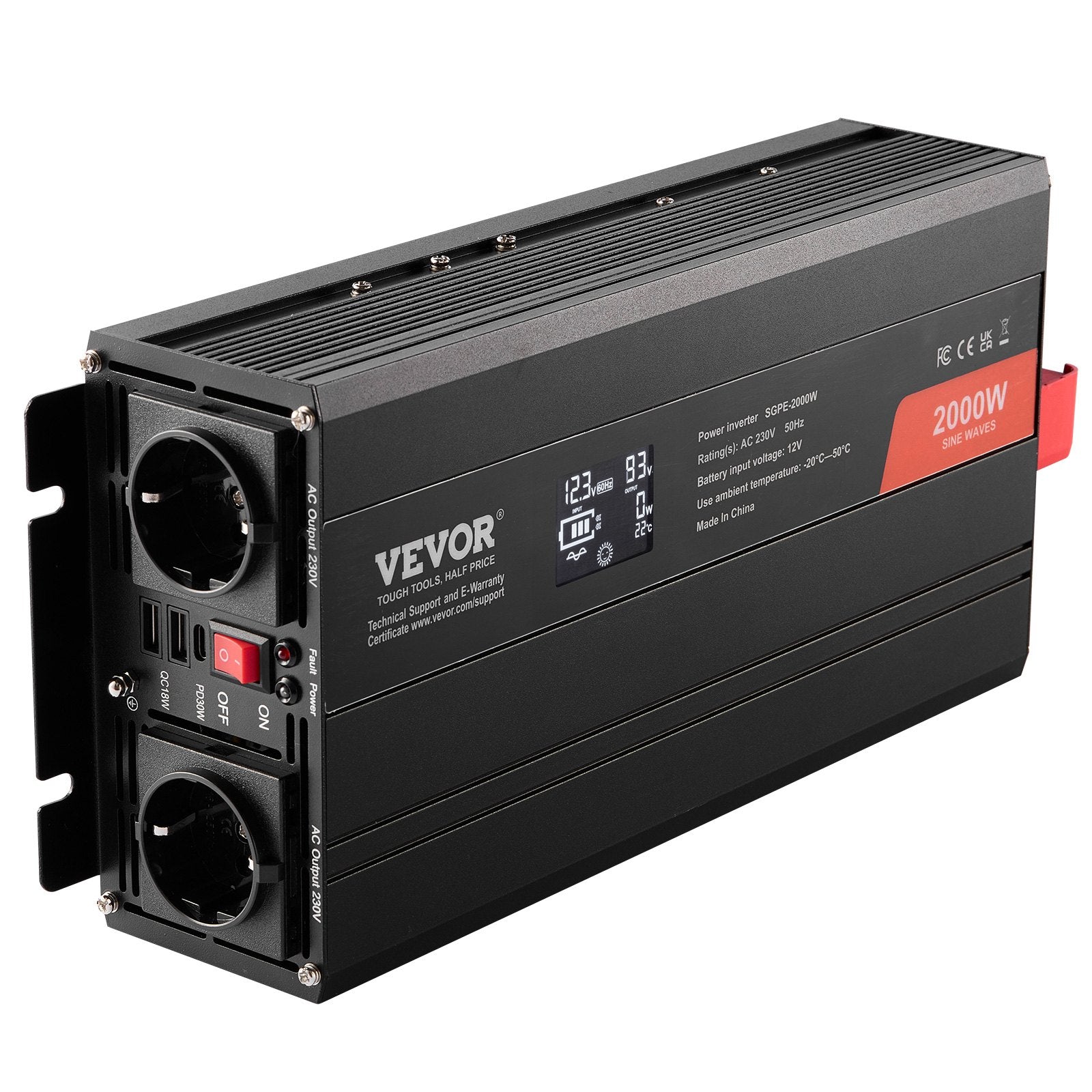 Pure Sine Wave Inverter 2000W | Power Inverter with 2 AC Outlets, 2 USB & 1 Type-C | LCD Display & Remote | CE FCC Certified