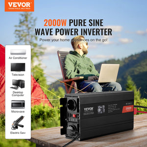 Pure Sine Wave Inverter 2000W | Power Inverter with 2 AC Outlets, 2 USB & 1 Type-C | LCD Display & Remote | CE FCC Certified