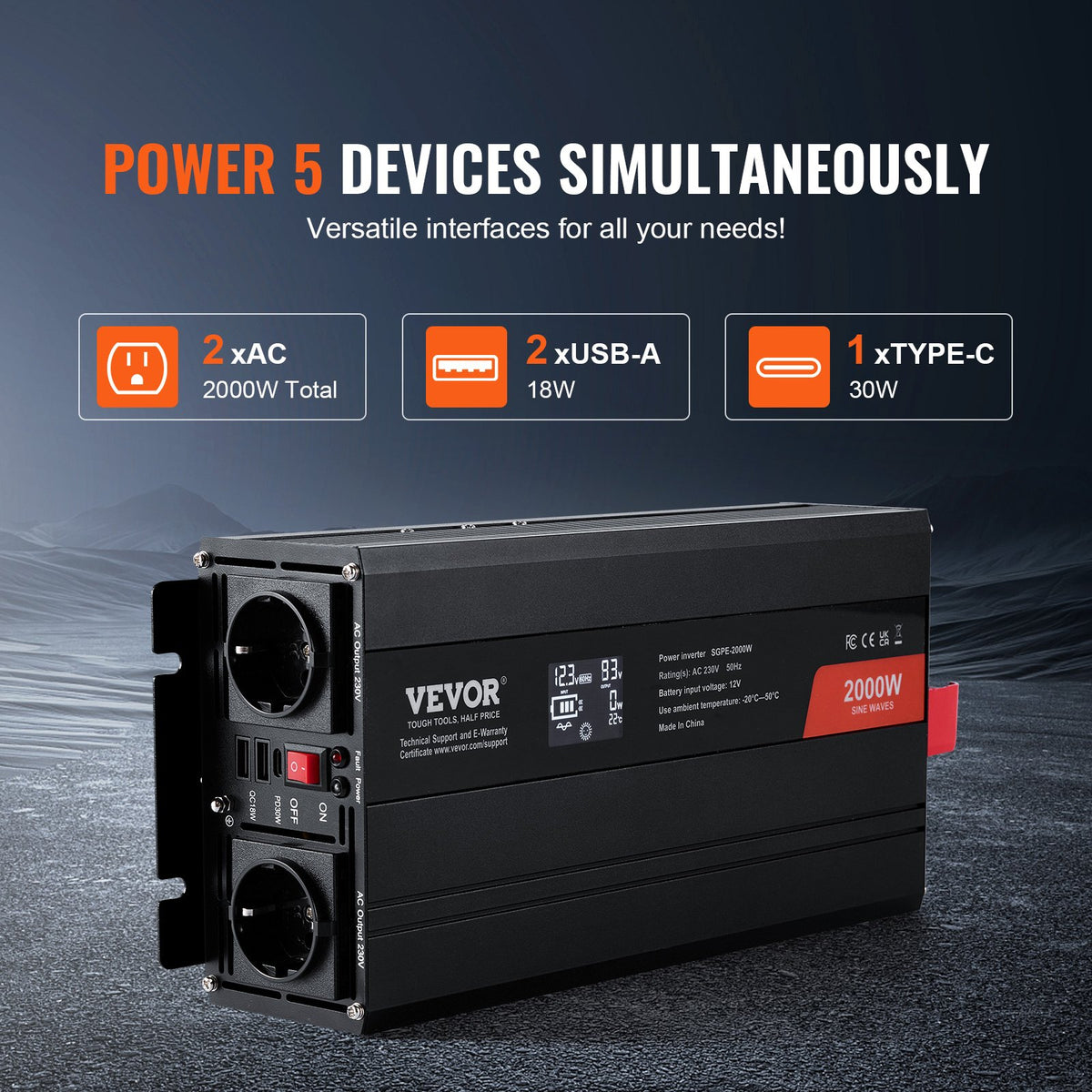 Pure Sine Wave Inverter 2000W | Power Inverter with 2 AC Outlets, 2 USB & 1 Type-C | LCD Display & Remote | CE FCC Certified