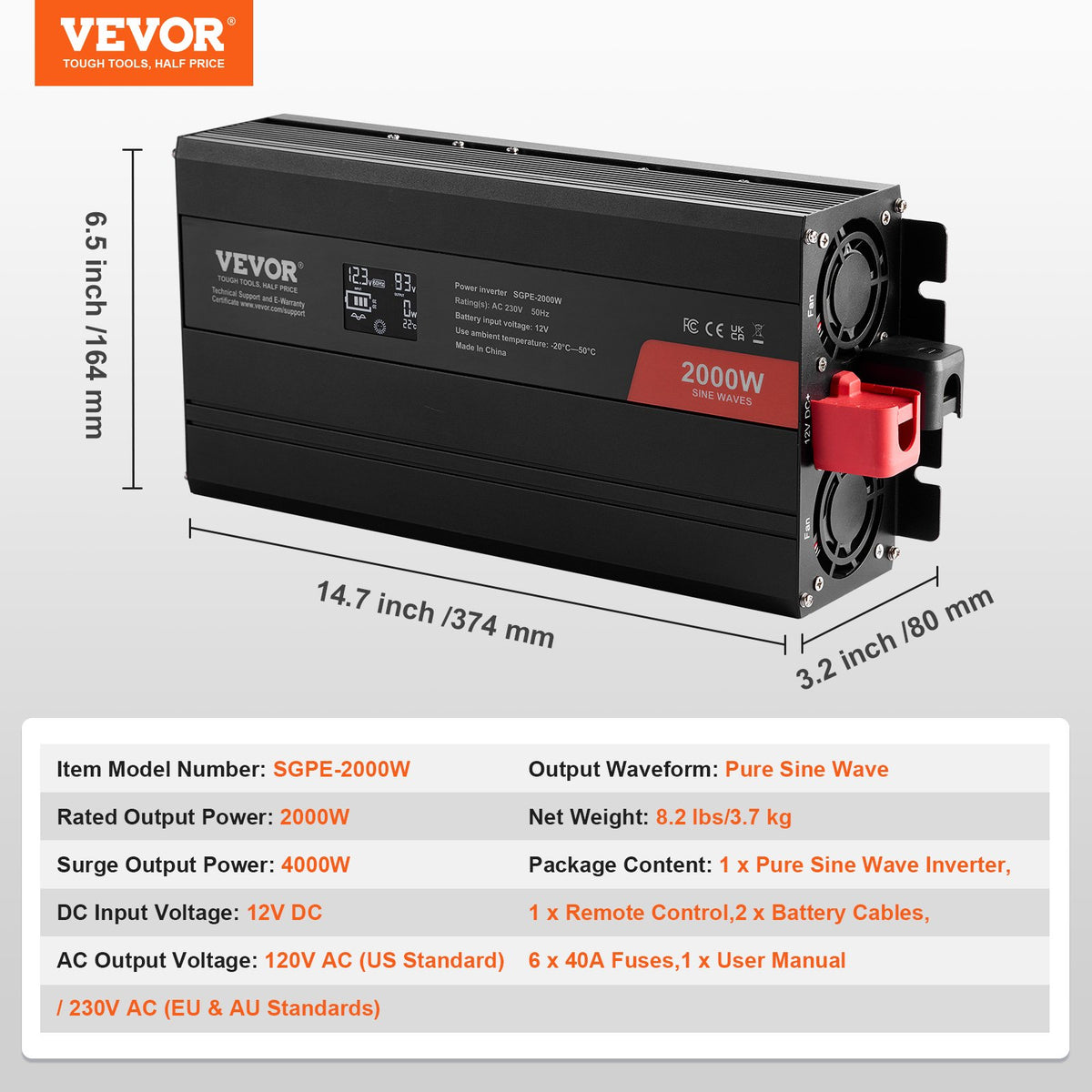 Pure Sine Wave Inverter 2000W | Power Inverter with 2 AC Outlets, 2 USB & 1 Type-C | LCD Display & Remote | CE FCC Certified