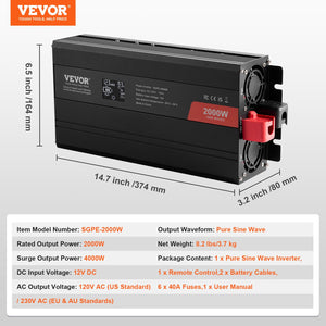 Pure Sine Wave Inverter 2000W | Power Inverter with 2 AC Outlets, 2 USB & 1 Type-C | LCD Display & Remote | CE FCC Certified