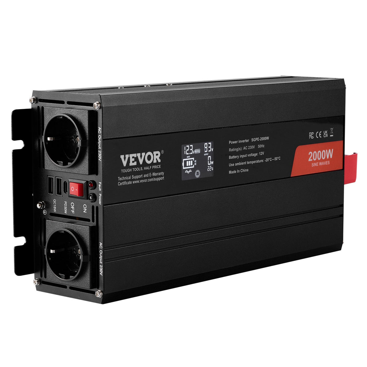 Pure Sine Wave Inverter 2000W | Power Inverter with 2 AC Outlets, 2 USB & 1 Type-C | LCD Display & Remote | CE FCC Certified