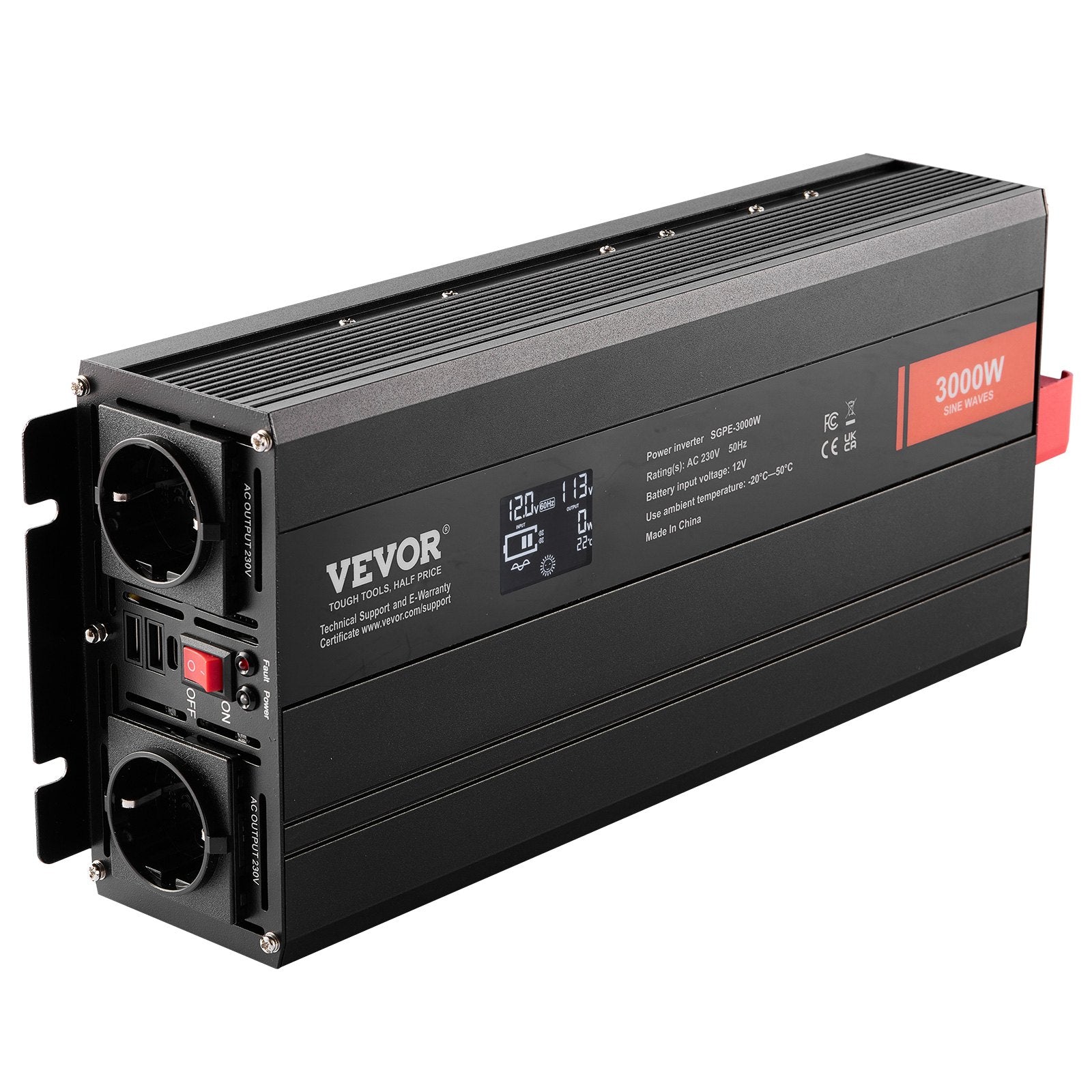 Pure Sine Wave Inverter 3000W | Power Inverter with 2 AC Outlets, 2 USB & 1 Type-C | LCD Display & Remote | CE FCC Certified