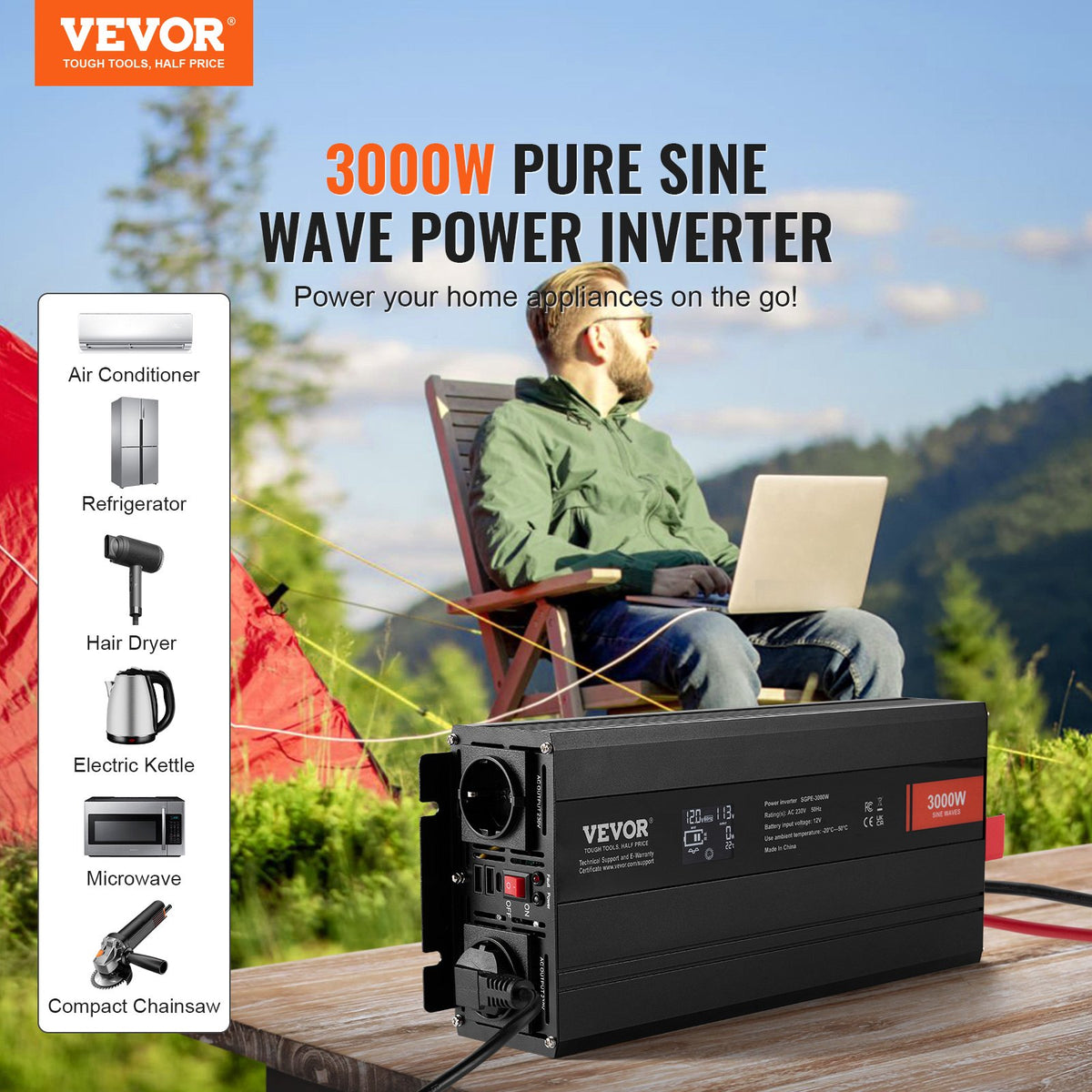 Pure Sine Wave Inverter 3000W | Power Inverter with 2 AC Outlets, 2 USB & 1 Type-C | LCD Display & Remote | CE FCC Certified