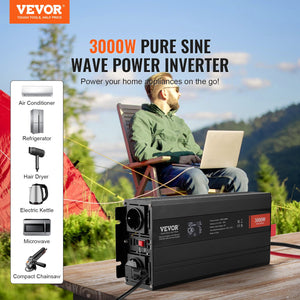 Pure Sine Wave Inverter 3000W | Power Inverter with 2 AC Outlets, 2 USB & 1 Type-C | LCD Display & Remote | CE FCC Certified