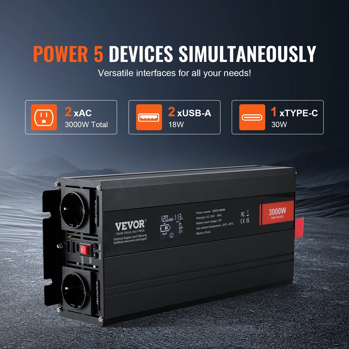 Pure Sine Wave Inverter 3000W | Power Inverter with 2 AC Outlets, 2 USB & 1 Type-C | LCD Display & Remote | CE FCC Certified