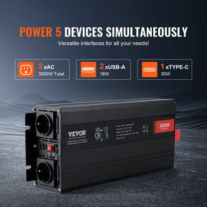 Pure Sine Wave Inverter 3000W | Power Inverter with 2 AC Outlets, 2 USB & 1 Type-C | LCD Display & Remote | CE FCC Certified