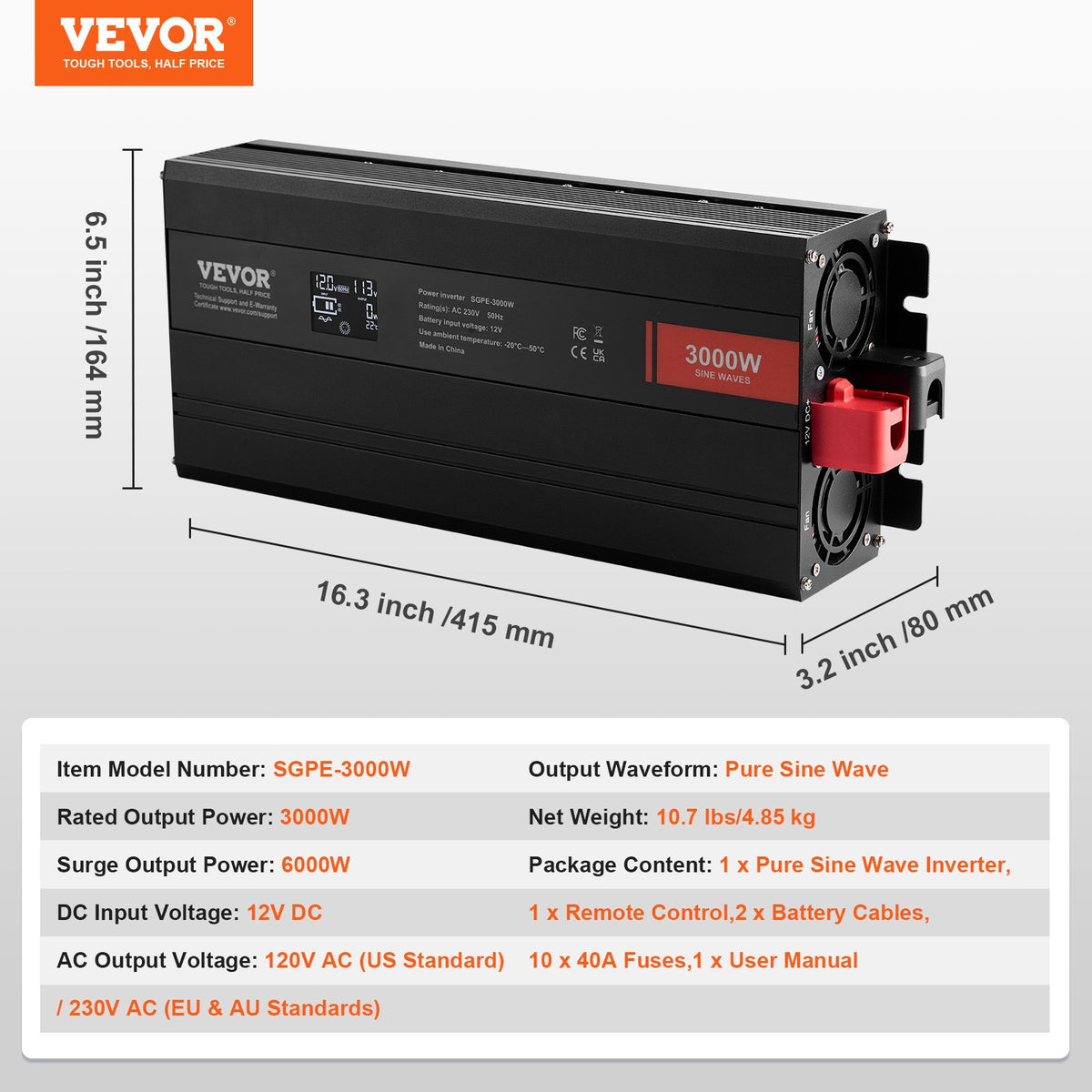 Pure Sine Wave Inverter 3000W | Power Inverter with 2 AC Outlets, 2 USB & 1 Type-C | LCD Display & Remote | CE FCC Certified