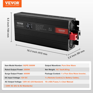 Pure Sine Wave Inverter 3000W | Power Inverter with 2 AC Outlets, 2 USB & 1 Type-C | LCD Display & Remote | CE FCC Certified
