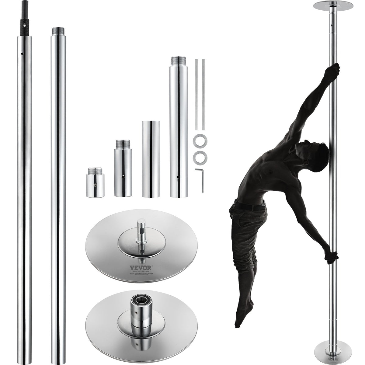 Professional Spinning & Static Dancing Pole | 45mm Stainless Steel | Height Adjustable & Removable | Fitness Exercise Pole for Home, Gym & Club | Silver