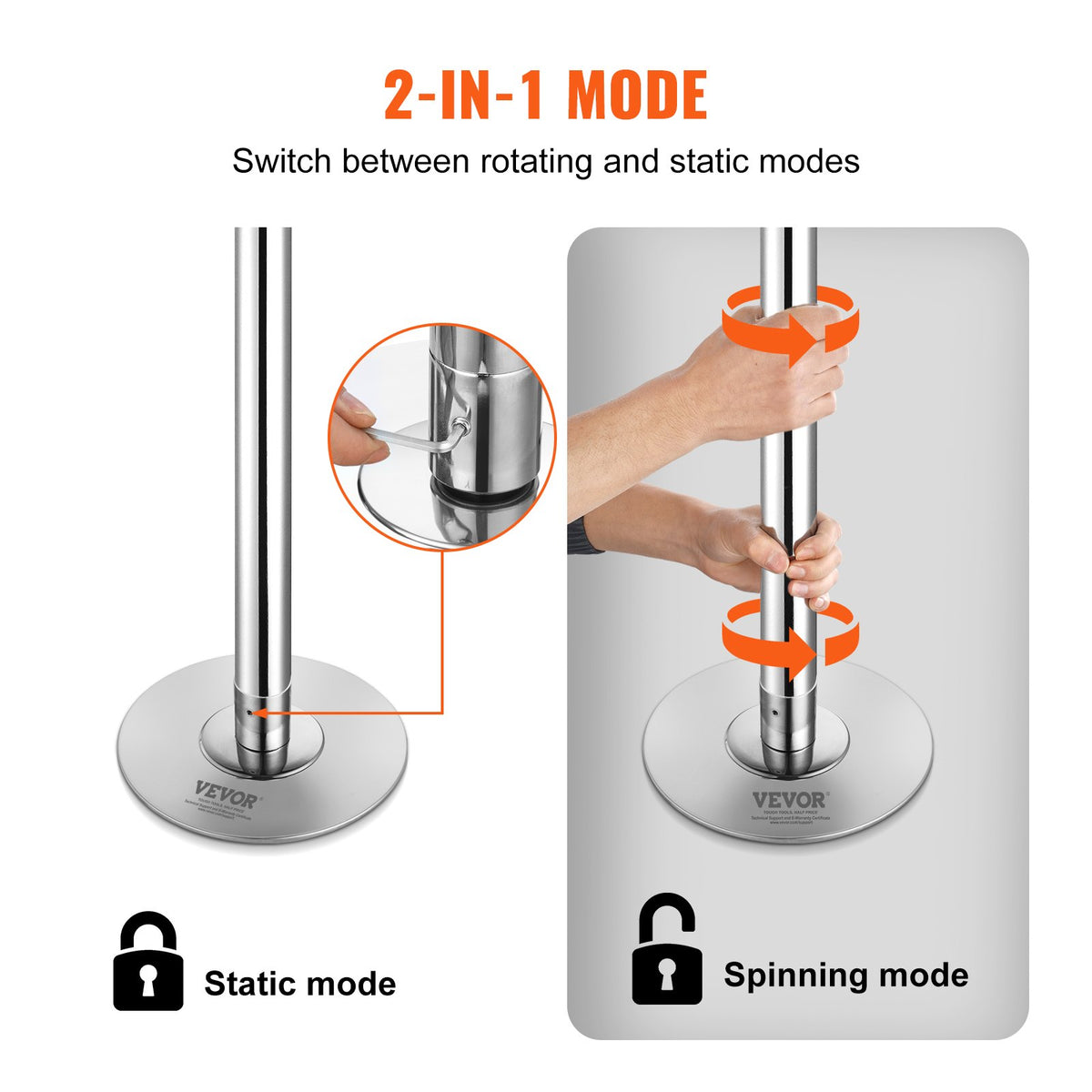 Professional Spinning & Static Dancing Pole | 45mm Stainless Steel | Height Adjustable & Removable | Fitness Exercise Pole for Home, Gym & Club | Silver