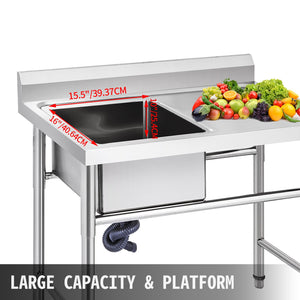 Handmade Sink | 40.6x39.4x25.4cm Stainless Steel Kitchen Sink with Right Platform | 1 Compartment