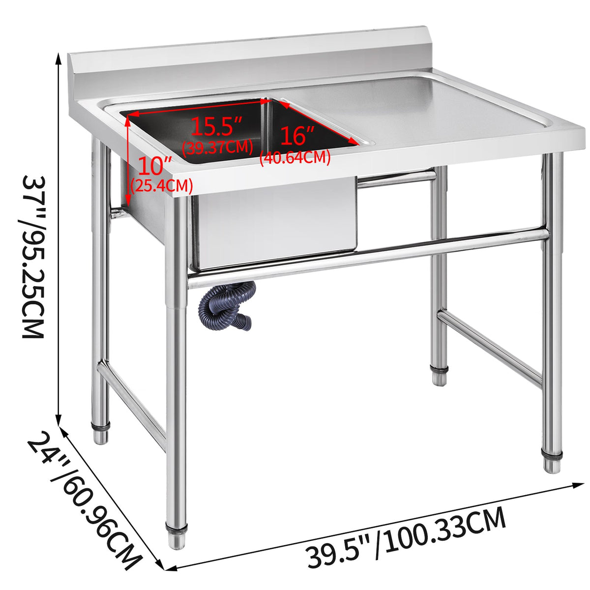 Handmade Sink | 40.6x39.4x25.4cm Stainless Steel Kitchen Sink with Right Platform | 1 Compartment