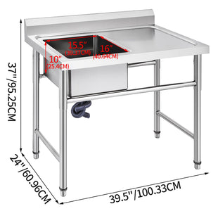 Handmade Sink | 40.6x39.4x25.4cm Stainless Steel Kitchen Sink with Right Platform | 1 Compartment